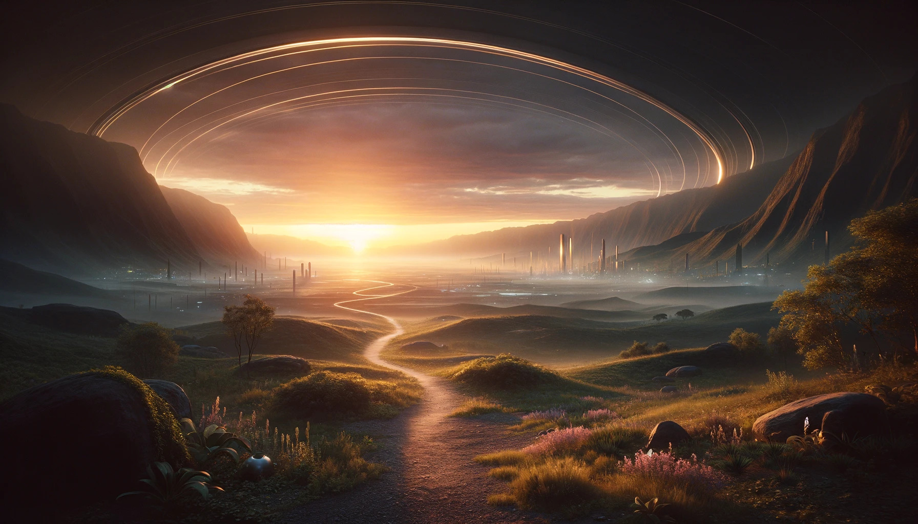 The cinematic image inspired by the concept of "100 Days From Today" has been created, capturing the essence of anticipation, the passage of time, and the journey towards the future at the break of dawn.