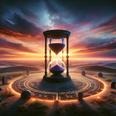 The image captures the essence of anticipation and the passage of time, inspired by the concept of "14 days from today." It's a vivid portrayal of dawn breaking over a landscape, with an ancient hourglass marking the relentless flow of time amidst symbols of days passing. This scene invites you to reflect on the journey and the potential that lies ahead.