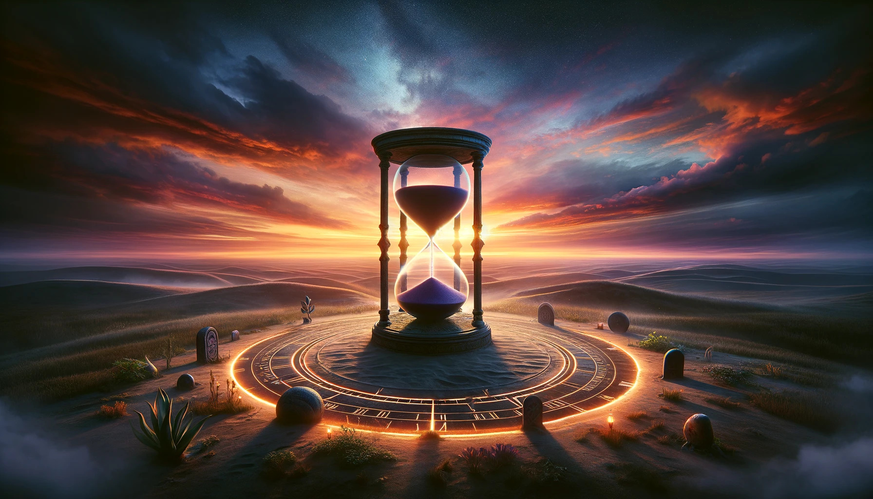 The image captures the essence of anticipation and the passage of time, inspired by the concept of "14 days from today." It's a vivid portrayal of dawn breaking over a landscape, with an ancient hourglass marking the relentless flow of time amidst symbols of days passing. This scene invites you to reflect on the journey and the potential that lies ahead.