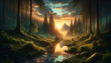 a tranquil evening scene set in a lush forest clearing, reflecting the anticipation of a momentous occasion 30 days from today. The setting sun casts a soft, amber light through the trees, with a small stream flowing gently through the clearing, symbolizing reflection, growth, and the journey ahead. This scene captures the essence of the significant event anticipated in the near future, conveyed through the natural beauty and tranquility of the environment.
