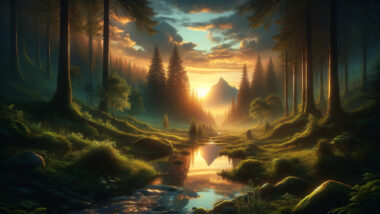 a tranquil evening scene set in a lush forest clearing, reflecting the anticipation of a momentous occasion 30 days from today. The setting sun casts a soft, amber light through the trees, with a small stream flowing gently through the clearing, symbolizing reflection, growth, and the journey ahead. This scene captures the essence of the significant event anticipated in the near future, conveyed through the natural beauty and tranquility of the environment.