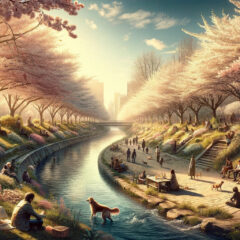 a cinematic image inspired by the essence of early spring, 45 days from today, capturing a serene park with blossoming cherry trees, a gentle river, and people enjoying the sunny day.