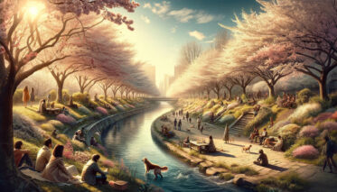 a cinematic image inspired by the essence of early spring, 45 days from today, capturing a serene park with blossoming cherry trees, a gentle river, and people enjoying the sunny day.